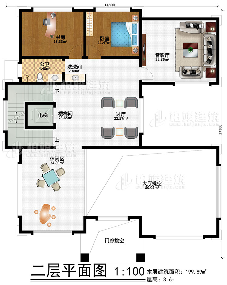 二层：过厅、楼梯间、休闲区、大厅挑空、门廊挑空、电梯、洗漱间、书房、卧室、音影厅、公卫